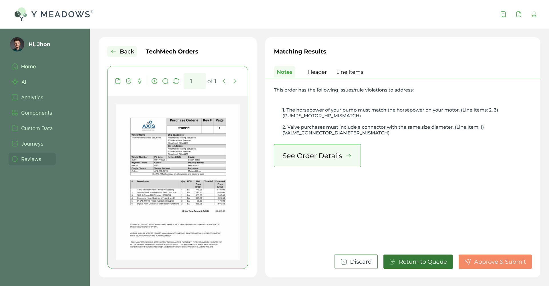 Y Meadows order review screen with a scanned purchase order beside flagged validation issues — such as a pump/motor horsepower mismatch and a missing valve connector — and Approve & Submit, Return to Queue, and Discard actions
